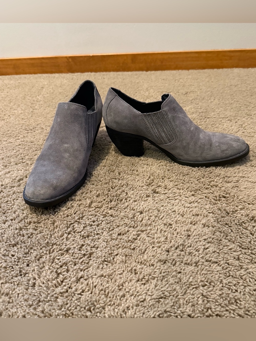 Born Fredrika Gray Suede Heeled Ankle Booties with Stacked Heel